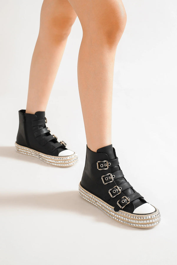 Beast Fashion Multi-Buckle Straps Studded Platform Sneakers