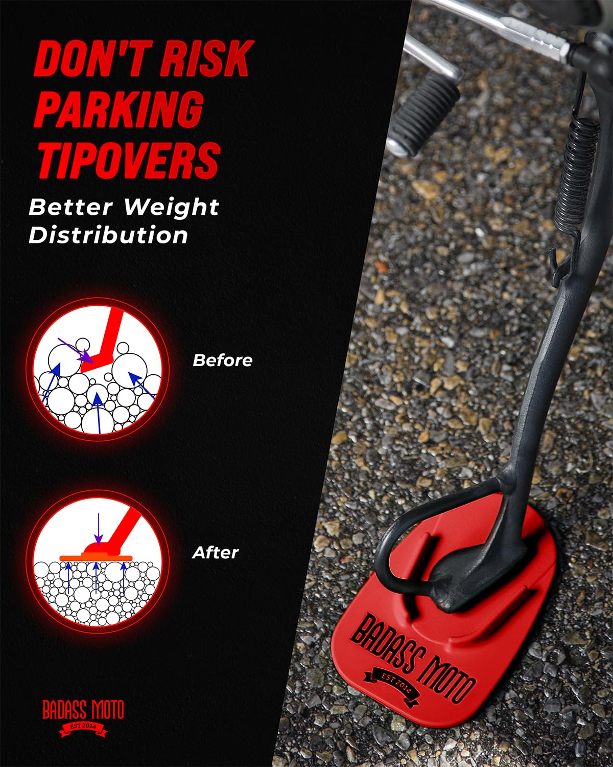Badass Moto Motorcycle Kickstand Pad - Kick Stand Puck, Coaster Plate for Harley Davidson, Touring & Sport Bikes - Motorcycle Accessories for Grass, Dirt, Hot Pavement Parking Pad - USA Made, Black