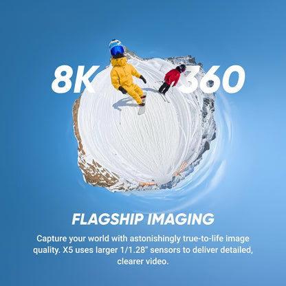 Insta360 X5 - Waterproof 8K 360° Action Camera, Leading Low Light, Invisible Selfie Stick Effect, Rugged and Replaceable Lens, 3-Hour Battery, Built-in Wind Guard, Stabilization, Triple AI Chip Design