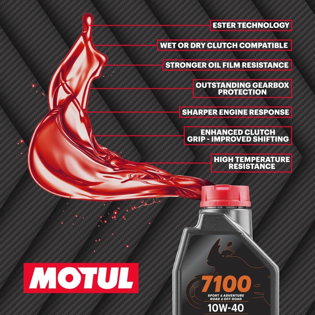 Motul 7100 4T 10W-40 Full Synthetic Motorcycle Oil - Ester Technology - API SP JASO MA2 Wet Clutch Safe - Engine and Gearbox Protection for Street Sport Adventure 4L