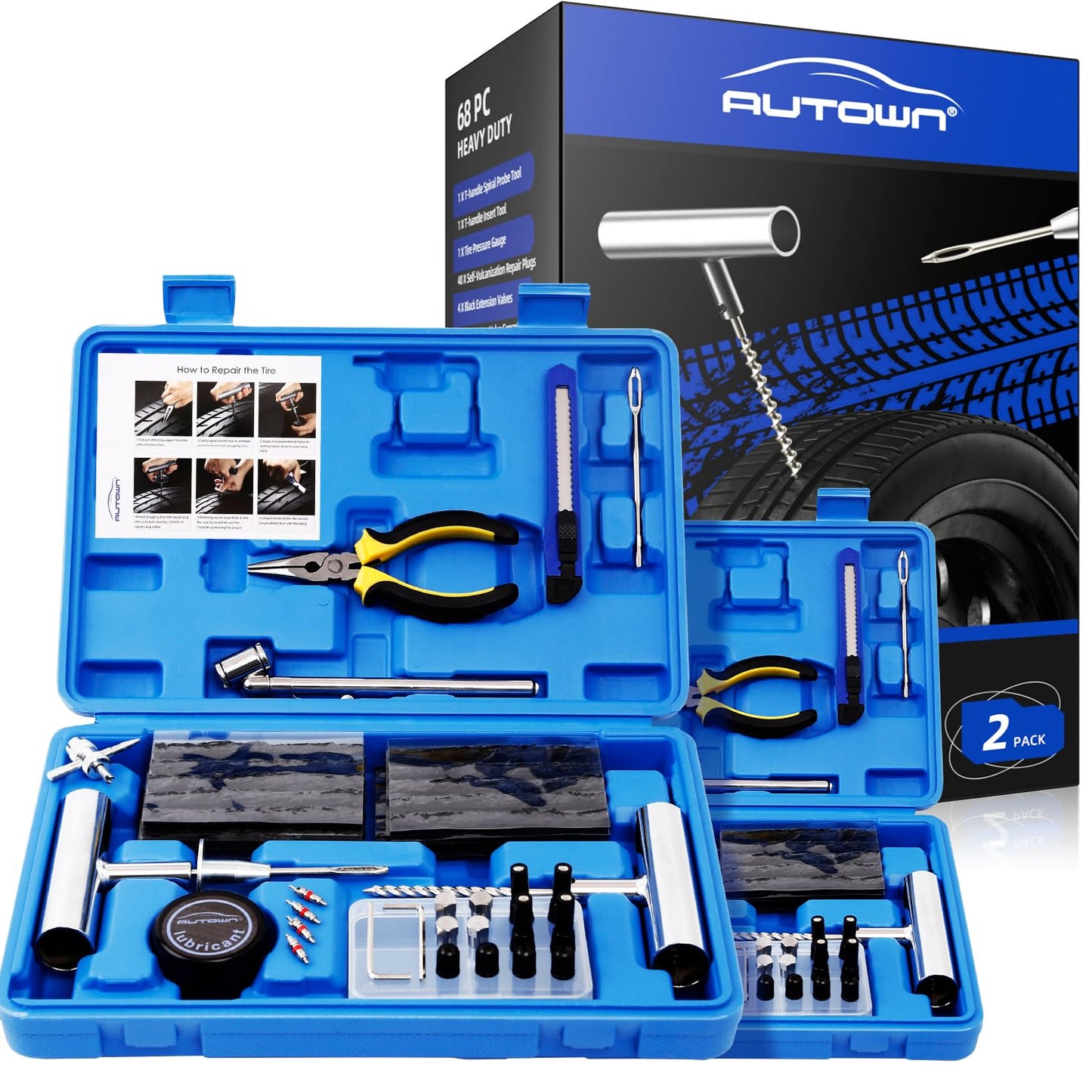 AUTOWN Tire Repair Kit - 68pcs Heavy Duty Tire Plug Kit, Universal Tire Repair Tools to Fix Punctures and Plug Flats Patch Kit for car Motorcycle, Truck, ARB，ATV, Tractor, RV, SUV, Trailer