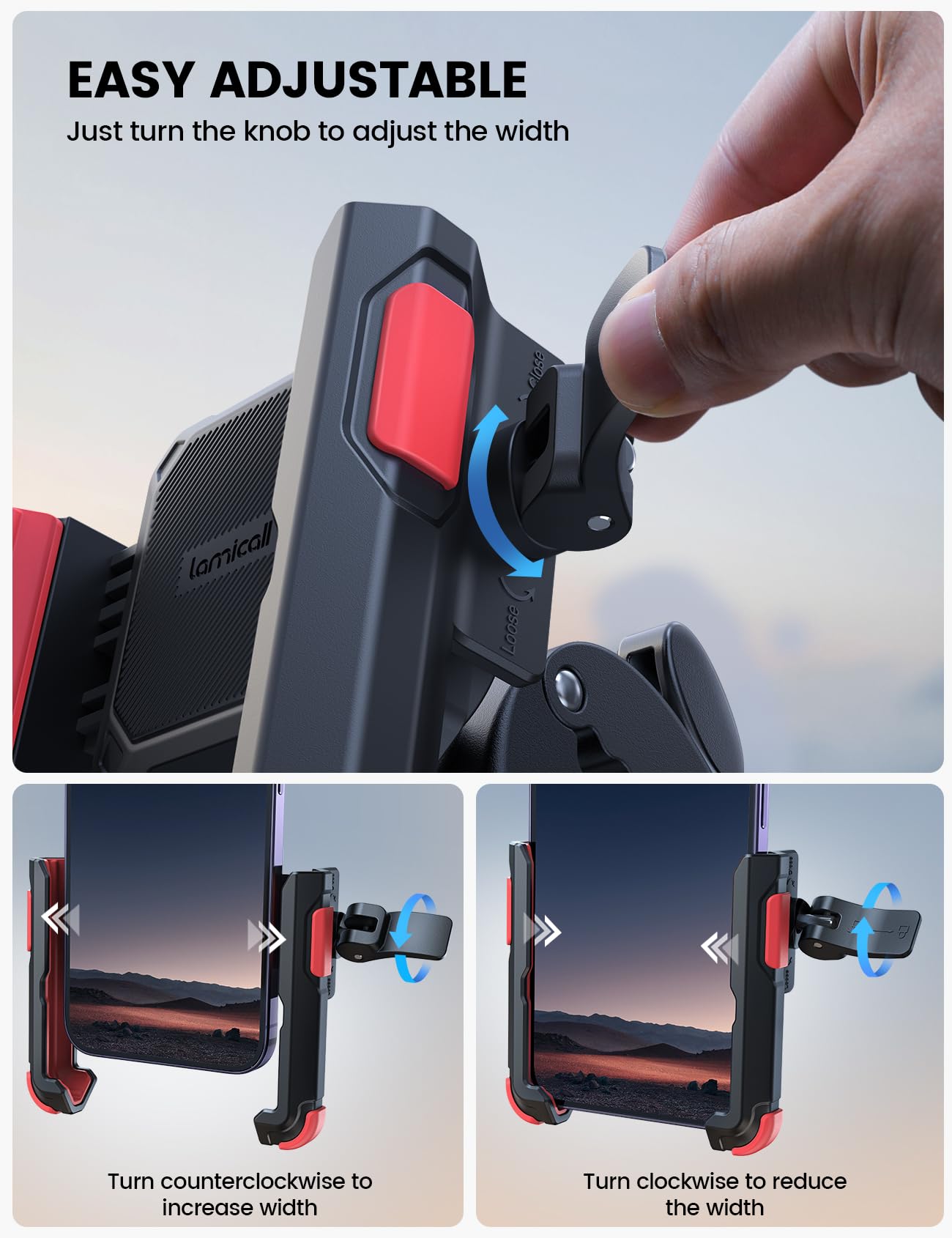 Lamicall Motorcycle Phone Mount Holder - [Camera Friendly] [1s Lock] Bike Phone Holder Handlebar Clamp, Bicycle Scooter Phone Clip, Gifts for iPhone 17, 16, 15 Pro Max, Galaxy S25 Ultra, 4.7-7" Phones