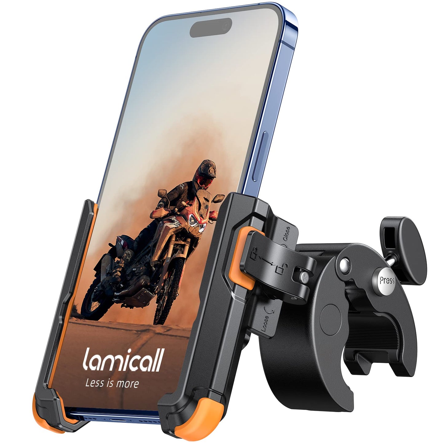 Lamicall Motorcycle Phone Mount Holder - [Camera Friendly] [1s Lock] Bike Phone Holder Handlebar Clamp, Bicycle Scooter Phone Clip, Gifts for iPhone 17, 16, 15 Pro Max, Galaxy S25 Ultra, 4.7-7" Phones