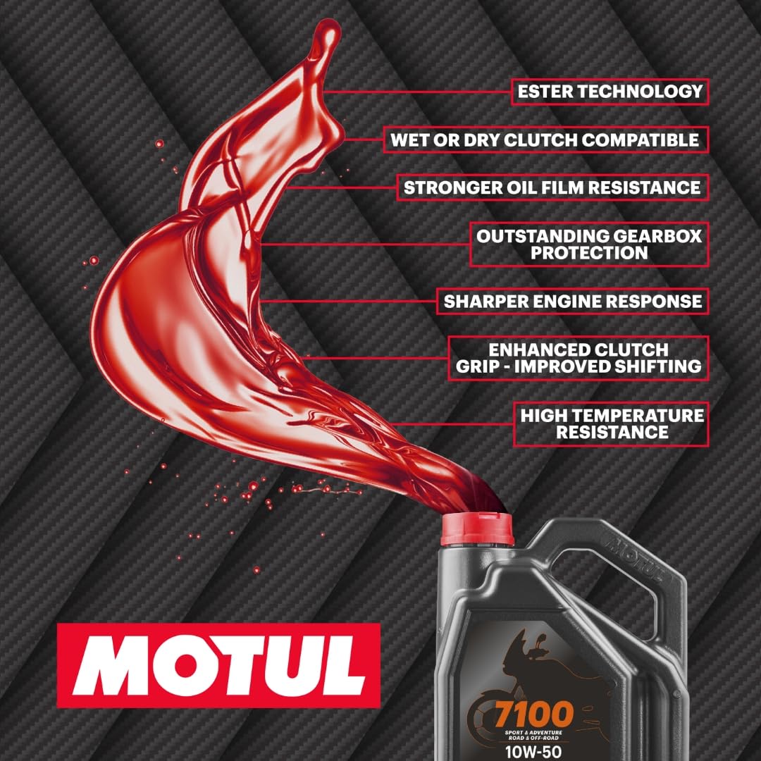 Motul 7100 4T 10W-40 Full Synthetic Motorcycle Oil - Ester Technology - API SP JASO MA2 Wet Clutch Safe - Engine and Gearbox Protection for Street Sport Adventure 4L