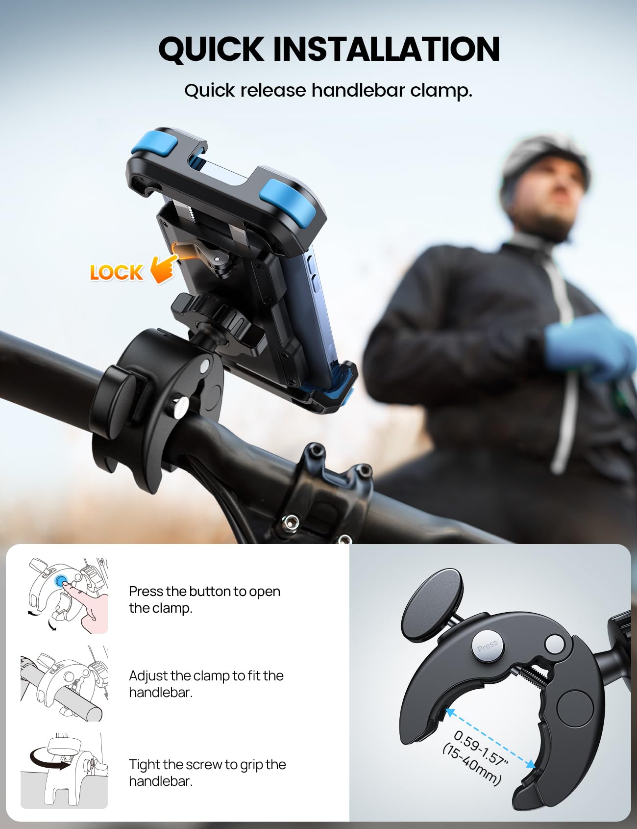 Lamicall Motorcycle Phone Mount, Bike Phone Holder - [Metal Lock] Upgrade Quick Install Bar Clip for Bicycle Scooter, Cell Phone Clamp Gifts for iPhone 17 16 15 Pro Max, Galaxy, 4.7-6.8" Phones