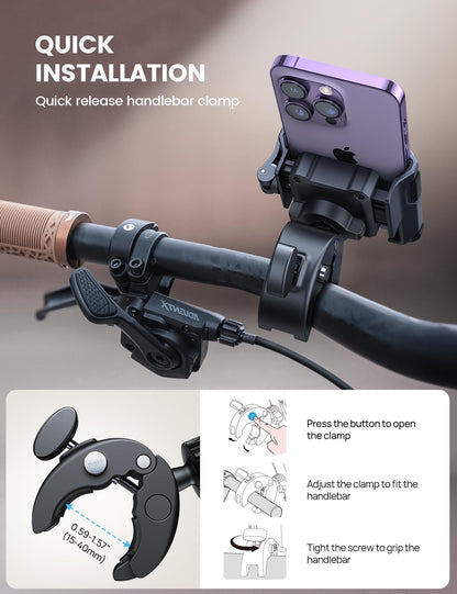 Lamicall Motorcycle Phone Mount Holder - [Camera Friendly] [1s Lock] Bike Phone Holder Handlebar Clamp, Bicycle Scooter Phone Clip, Gifts for iPhone 17, 16, 15 Pro Max, Galaxy S25 Ultra, 4.7-7" Phones