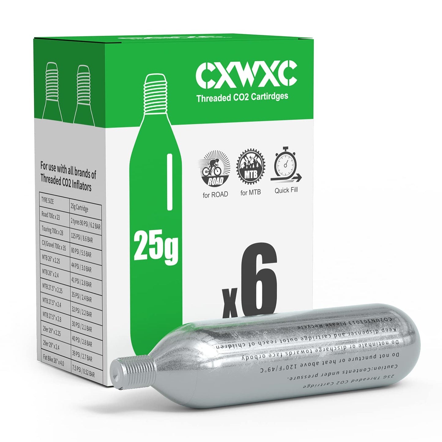 CXWXC 16g / 25g Threaded CO2 Cartridges or CO2 Inflator for Bike Tires - Cartridge for CO2 Inflator with Threaded Connection, CO2 Pump for Road and Mountain Bikes