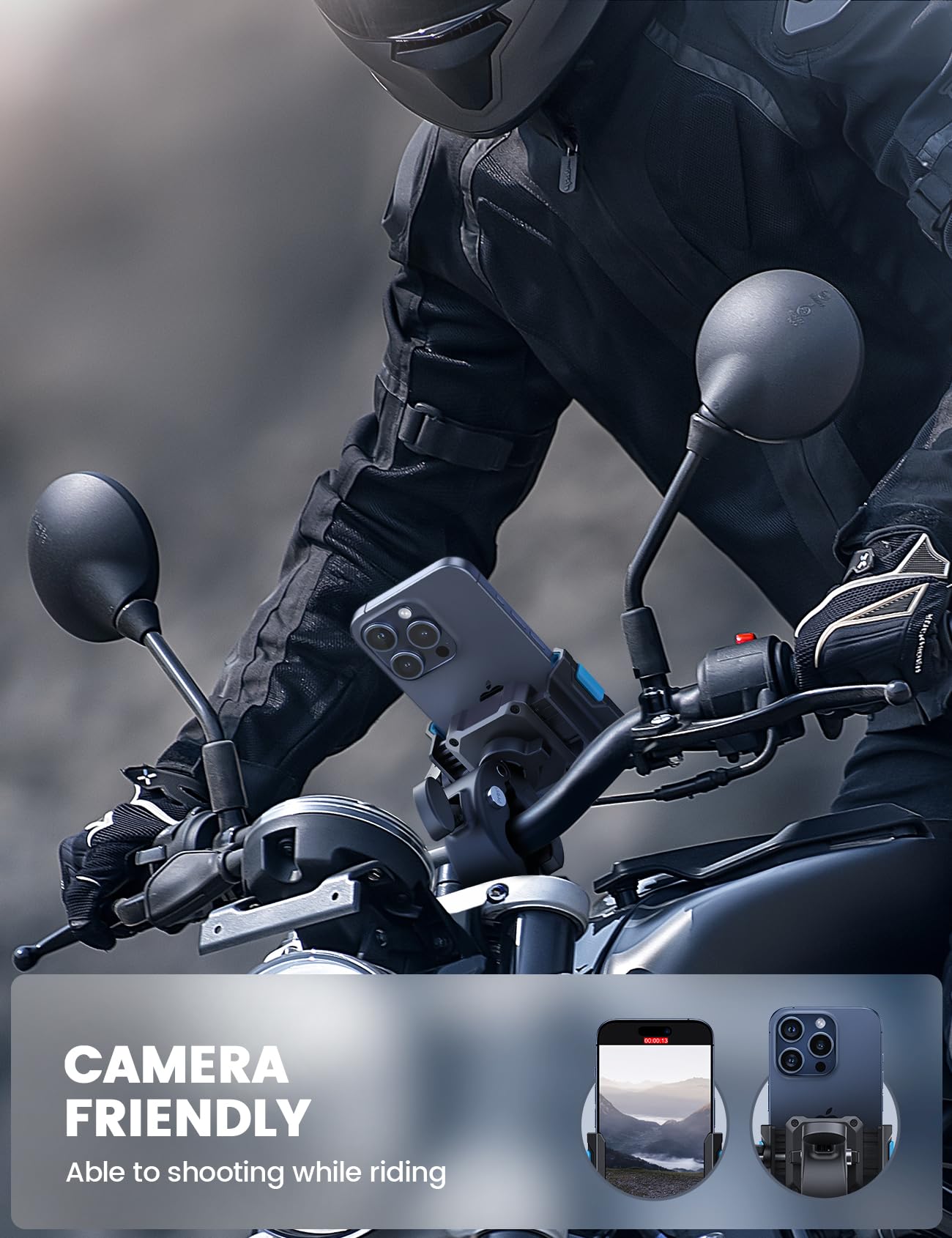 Lamicall Motorcycle Phone Mount Holder - [Camera Friendly] [1s Lock] Bike Phone Holder Handlebar Clamp, Bicycle Scooter Phone Clip, Gifts for iPhone 17, 16, 15 Pro Max, Galaxy S25 Ultra, 4.7-7" Phones