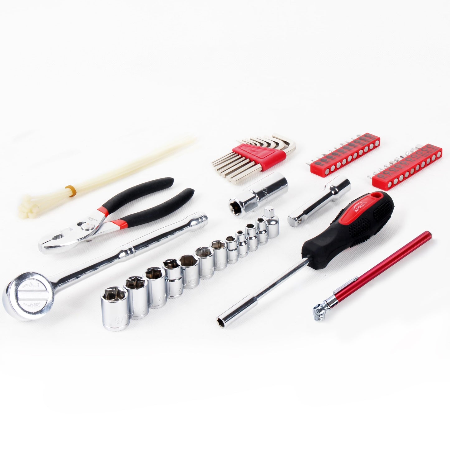 Apollo Tools 56 Piece Compact SAE Auto Tool Set in Zippered Case, Small Mechanic Tool Set for Car Emergency, Motorcycle Repair on the Road, Great for Travel Tool Needs - Red - DT9774