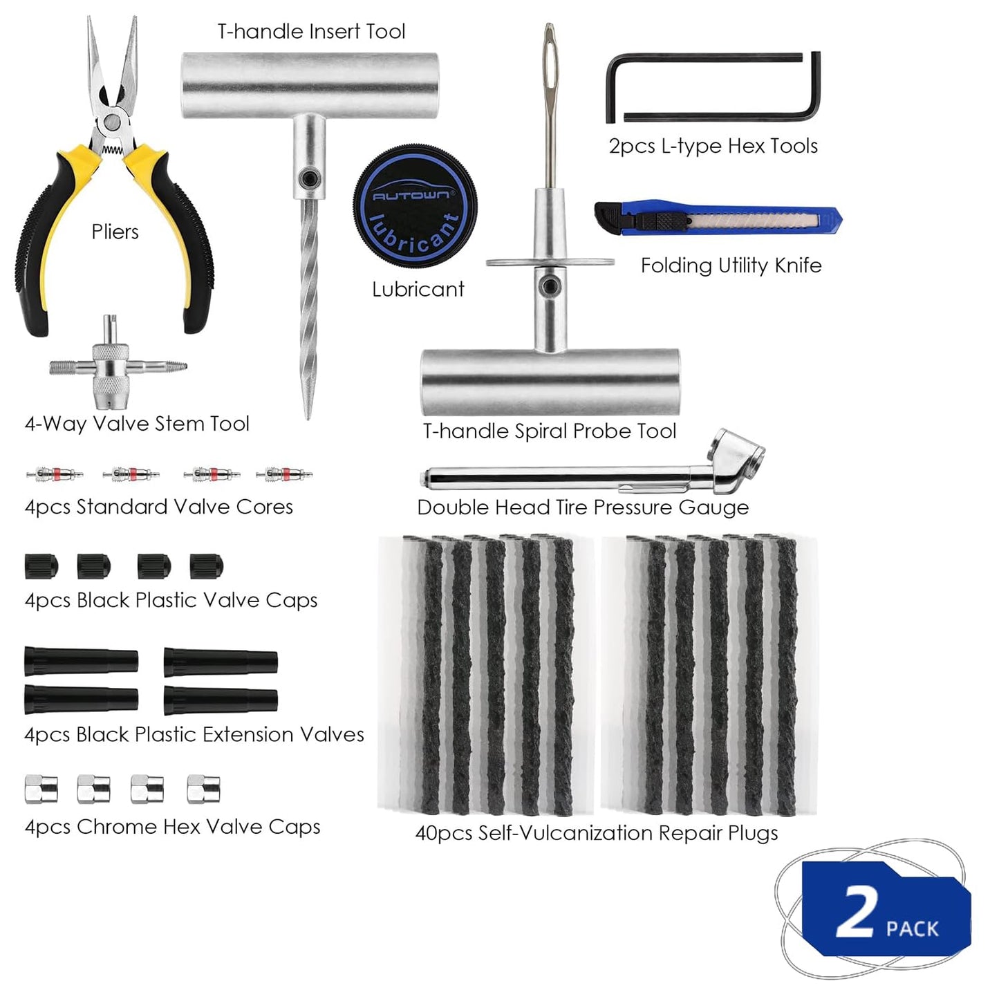 AUTOWN Tire Repair Kit - 68pcs Heavy Duty Tire Plug Kit, Universal Tire Repair Tools to Fix Punctures and Plug Flats Patch Kit for car Motorcycle, Truck, ARB，ATV, Tractor, RV, SUV, Trailer