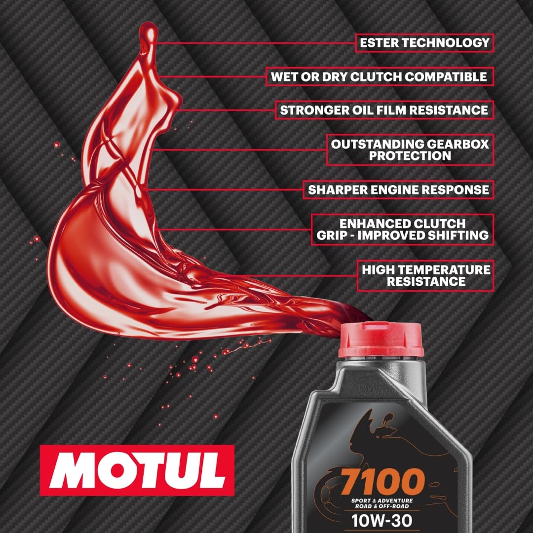 Motul 7100 4T 10W-40 Full Synthetic Motorcycle Oil - Ester Technology - API SP JASO MA2 Wet Clutch Safe - Engine and Gearbox Protection for Street Sport Adventure 4L
