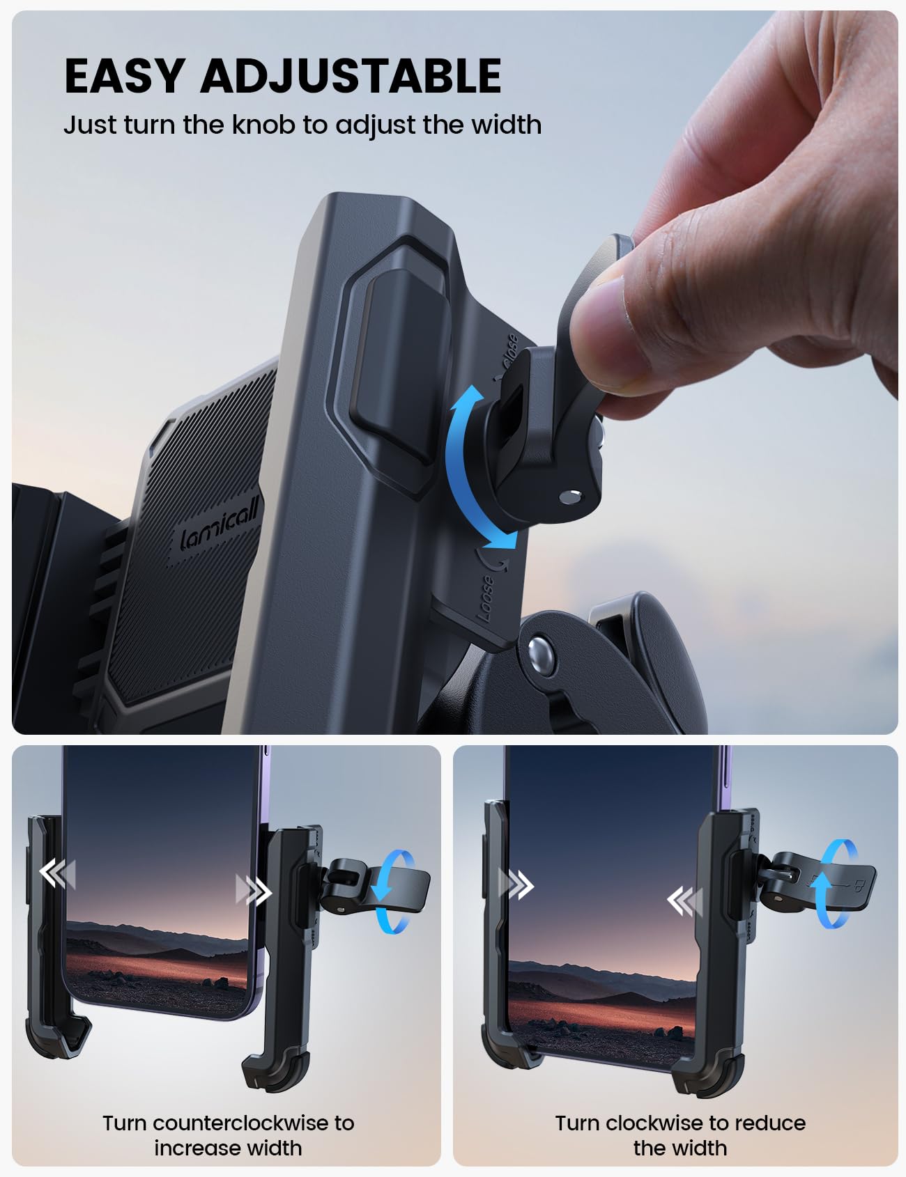 Lamicall Motorcycle Phone Mount Holder - [Camera Friendly] [1s Lock] Bike Phone Holder Handlebar Clamp, Bicycle Scooter Phone Clip, Gifts for iPhone 17, 16, 15 Pro Max, Galaxy S25 Ultra, 4.7-7" Phones