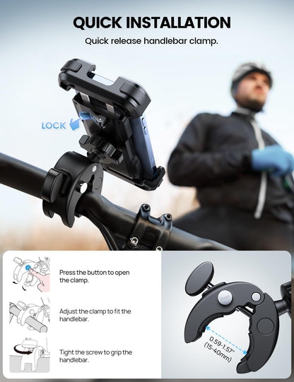 Lamicall Motorcycle Phone Mount, Bike Phone Holder - [Metal Lock] Upgrade Quick Install Bar Clip for Bicycle Scooter, Cell Phone Clamp Gifts for iPhone 17 16 15 Pro Max, Galaxy, 4.7-6.8" Phones