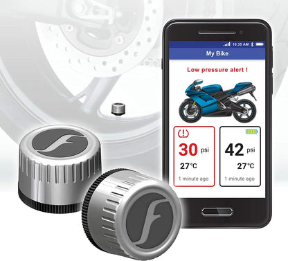 FOBO Bike 2 TPMS (Black) - Wireless Tire Pressure Monitoring System with Bluetooth 5.0 | Real-Time Tire Pressure Sensor | Easy DIY Installation for Motorcycle | Compatible with iOS & Android