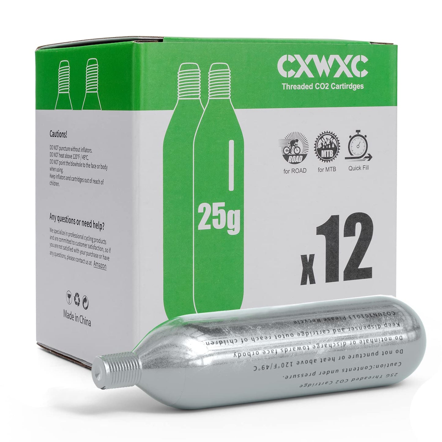 CXWXC 16g / 25g Threaded CO2 Cartridges or CO2 Inflator for Bike Tires - Cartridge for CO2 Inflator with Threaded Connection, CO2 Pump for Road and Mountain Bikes