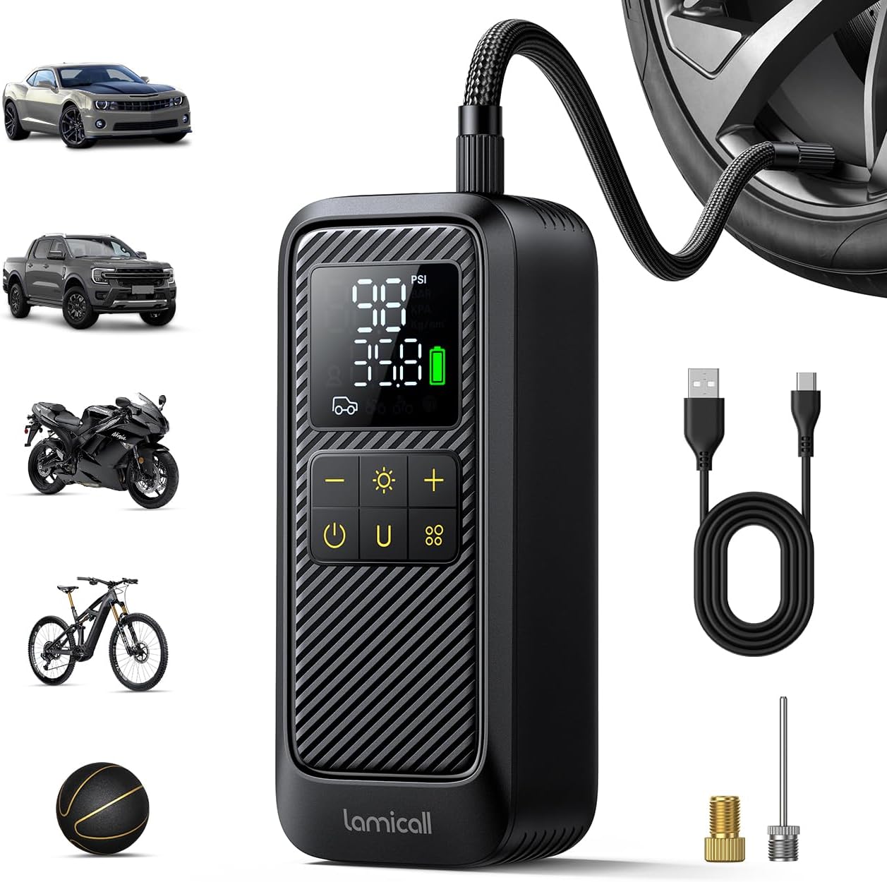 Lamicall Car Tyre Inflator Air Compressor - [5x Faster Inflation] Portable Air Pump with Digital Pressure Gauge & LED Light, 150PSI Electric Tyre Pump with Auto Shutoff for Car, Motorcycle, Bike, Ball