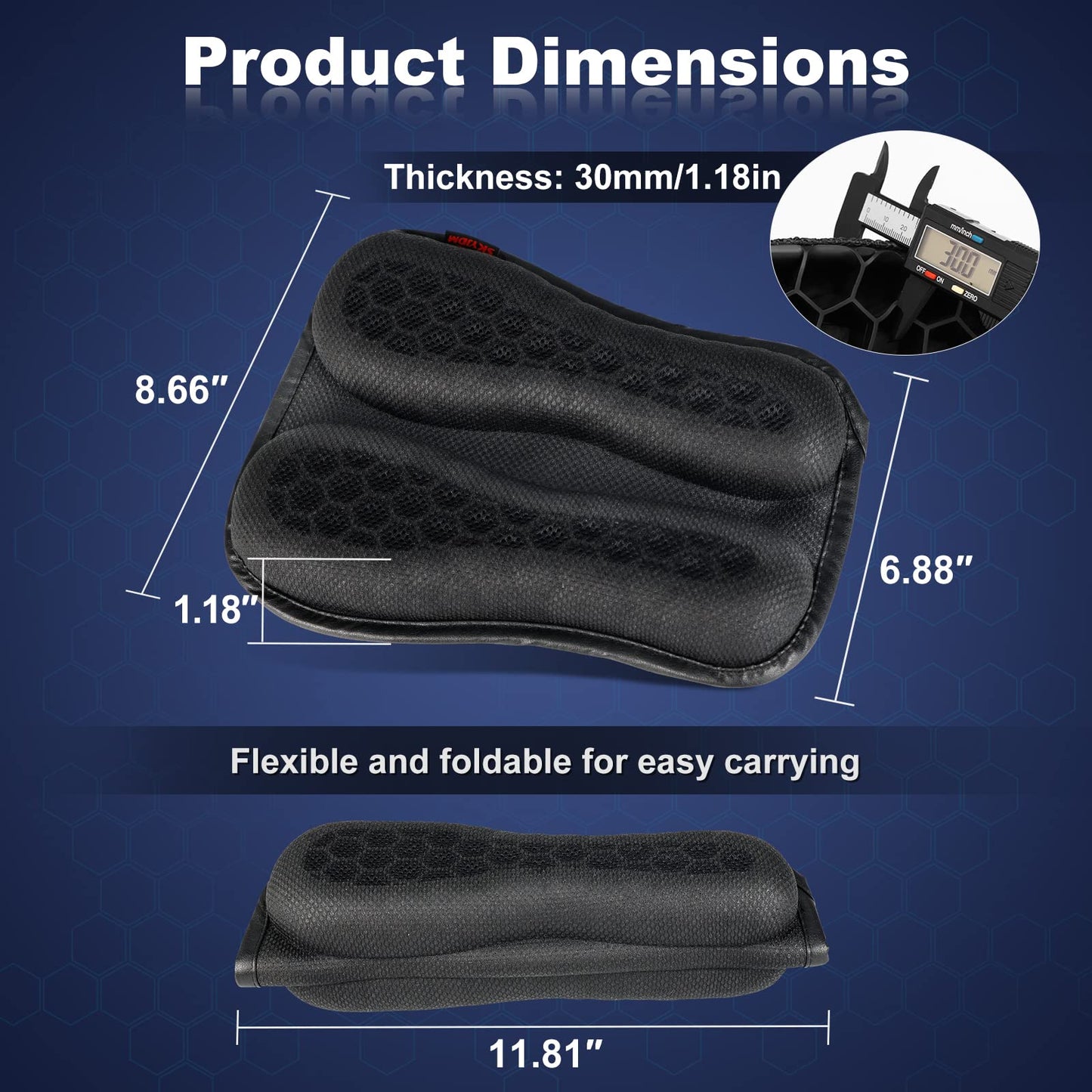 Foldable Motorcycle Gel Seat Cushion, Large 3D-Honeycomb Structure Shock Absorption & Breathable Motorcycle Gel Seat Pad for Long Rides (L)