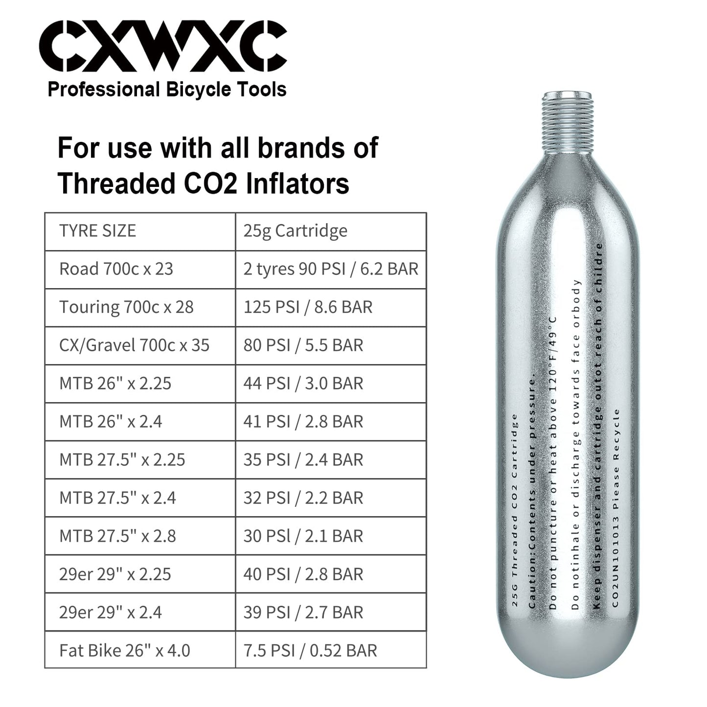 CXWXC 16g / 25g Threaded CO2 Cartridges or CO2 Inflator for Bike Tires - Cartridge for CO2 Inflator with Threaded Connection, CO2 Pump for Road and Mountain Bikes