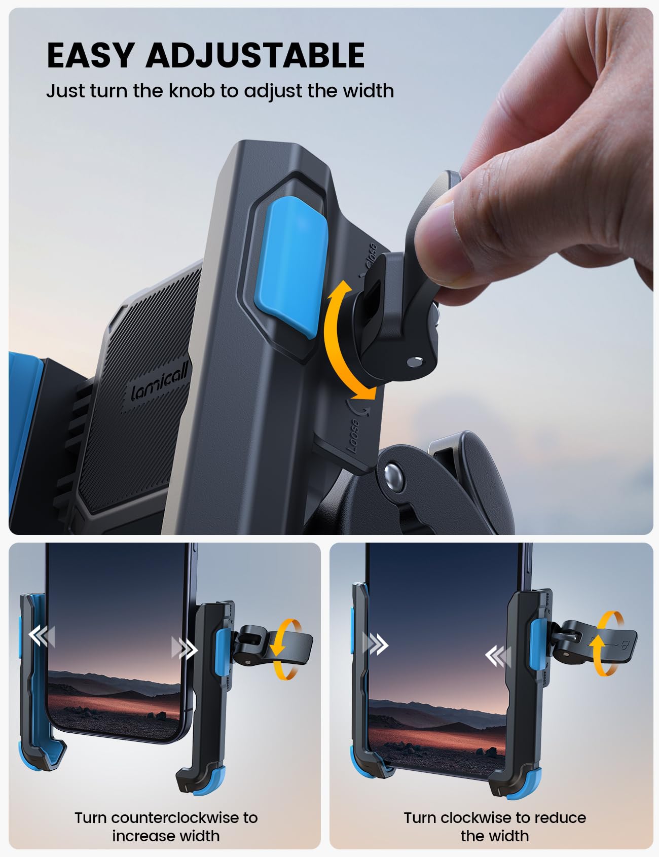 Lamicall Motorcycle Phone Mount Holder - [Camera Friendly] [1s Lock] Bike Phone Holder Handlebar Clamp, Bicycle Scooter Phone Clip, Gifts for iPhone 17, 16, 15 Pro Max, Galaxy S25 Ultra, 4.7-7" Phones