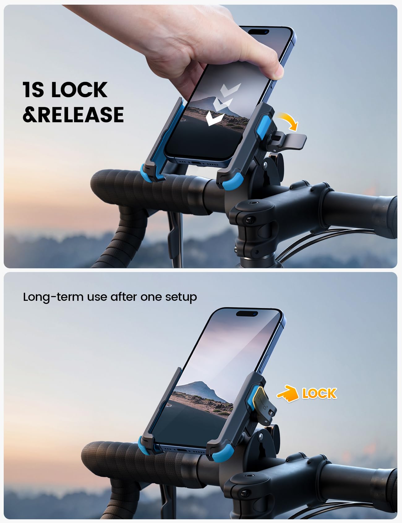 Lamicall Motorcycle Phone Mount Holder - [Camera Friendly] [1s Lock] Bike Phone Holder Handlebar Clamp, Bicycle Scooter Phone Clip, Gifts for iPhone 17, 16, 15 Pro Max, Galaxy S25 Ultra, 4.7-7" Phones