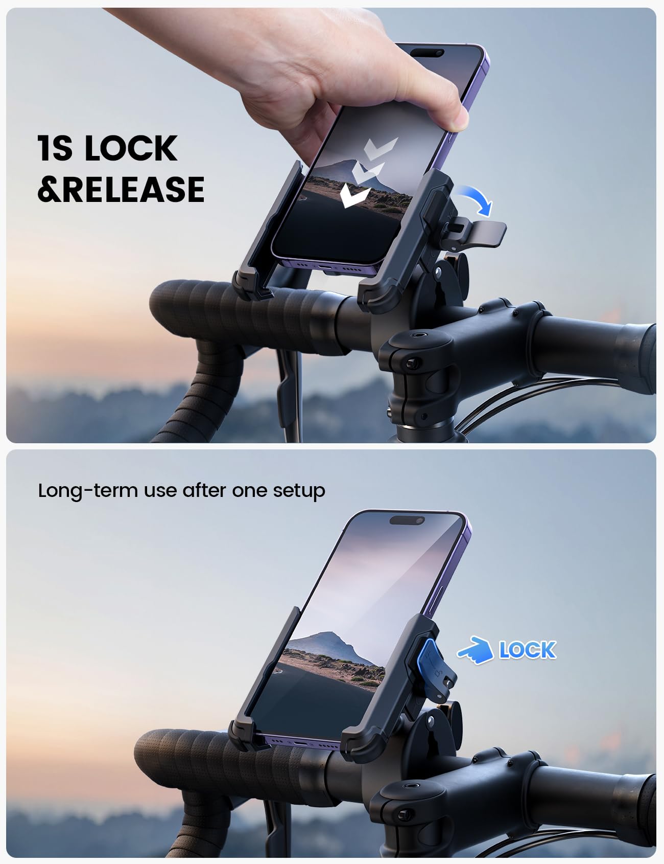Lamicall Motorcycle Phone Mount Holder - [Camera Friendly] [1s Lock] Bike Phone Holder Handlebar Clamp, Bicycle Scooter Phone Clip, Gifts for iPhone 17, 16, 15 Pro Max, Galaxy S25 Ultra, 4.7-7" Phones