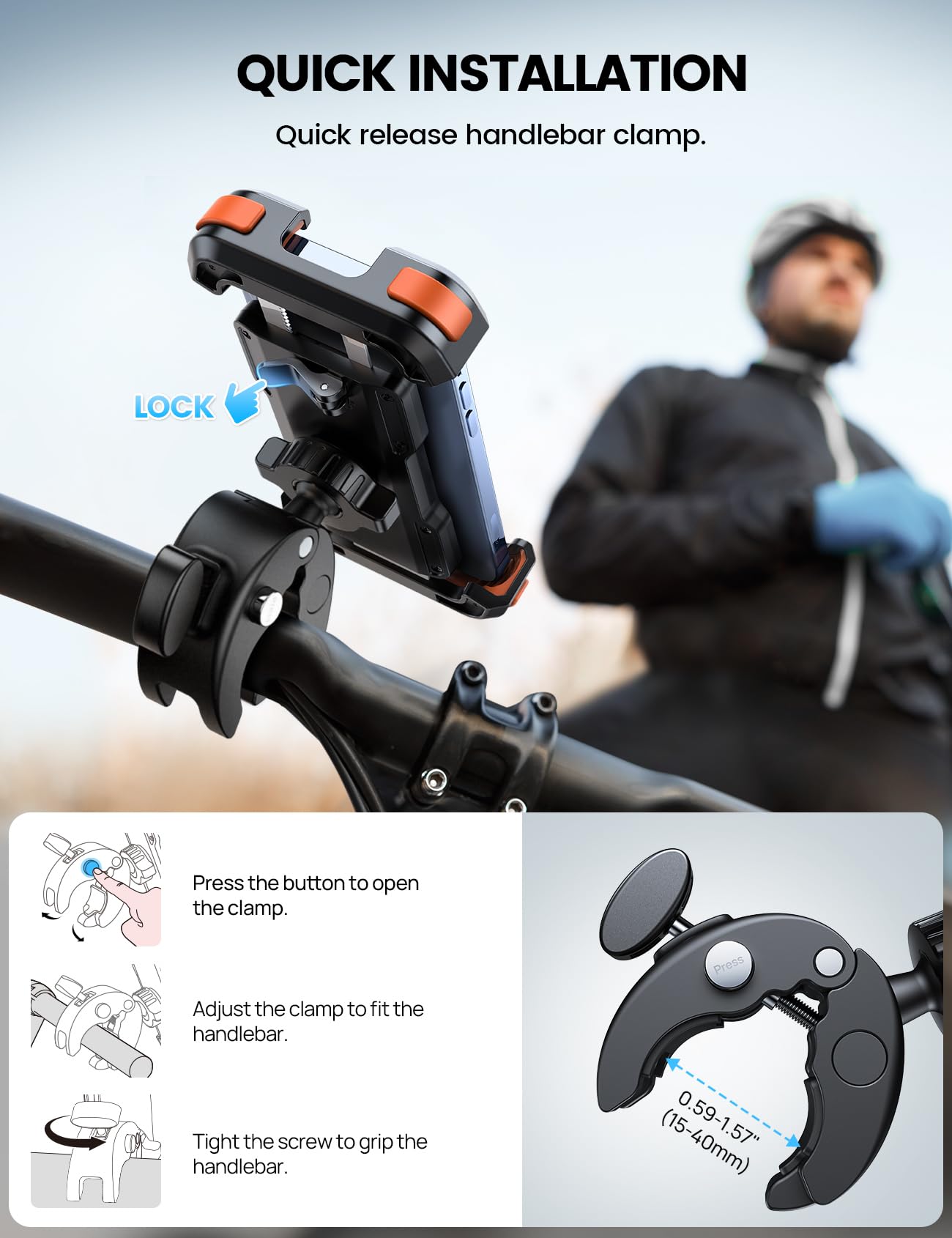 Lamicall Motorcycle Phone Mount, Bike Phone Holder - [Metal Lock] Upgrade Quick Install Bar Clip for Bicycle Scooter, Cell Phone Clamp Gifts for iPhone 17 16 15 Pro Max, Galaxy, 4.7-6.8" Phones