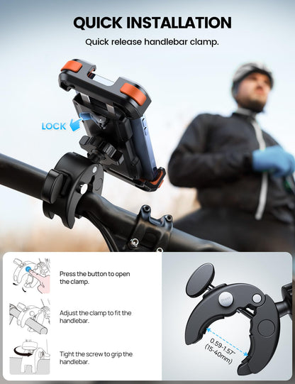 Lamicall Motorcycle Phone Mount, Bike Phone Holder - [Metal Lock] Upgrade Quick Install Bar Clip for Bicycle Scooter, Cell Phone Clamp Gifts for iPhone 17 16 15 Pro Max, Galaxy, 4.7-6.8" Phones