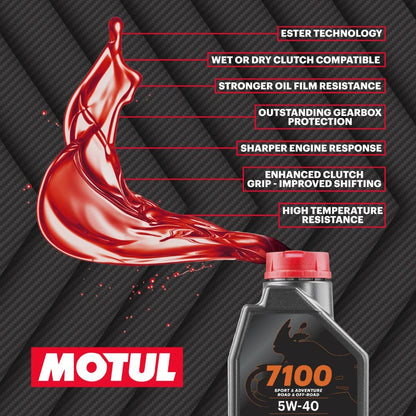 Motul 7100 4T 10W-40 Full Synthetic Motorcycle Oil - Ester Technology - API SP JASO MA2 Wet Clutch Safe - Engine and Gearbox Protection for Street Sport Adventure 4L