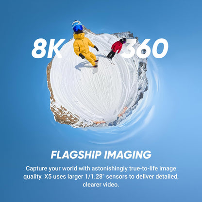 Insta360 X5 - Waterproof 8K 360° Action Camera, Leading Low Light, Invisible Selfie Stick Effect, Rugged and Replaceable Lens, 3-Hour Battery, Built-in Wind Guard, Stabilization, Triple AI Chip Design