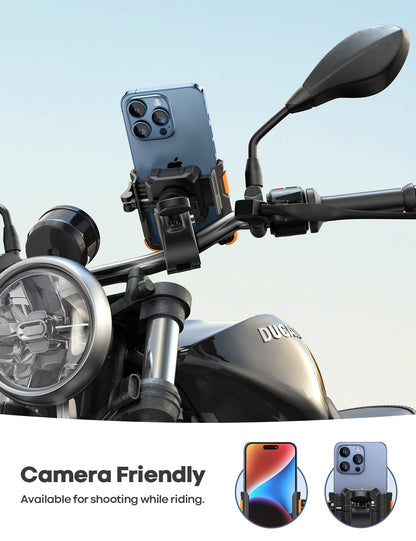 Lamicall Motorcycle Phone Mount Holder - [Camera Friendly] [1s Lock] Bike Phone Holder Handlebar Clamp, Bicycle Scooter Phone Clip, Gifts for iPhone 17, 16, 15 Pro Max, Galaxy S25 Ultra, 4.7-7" Phones