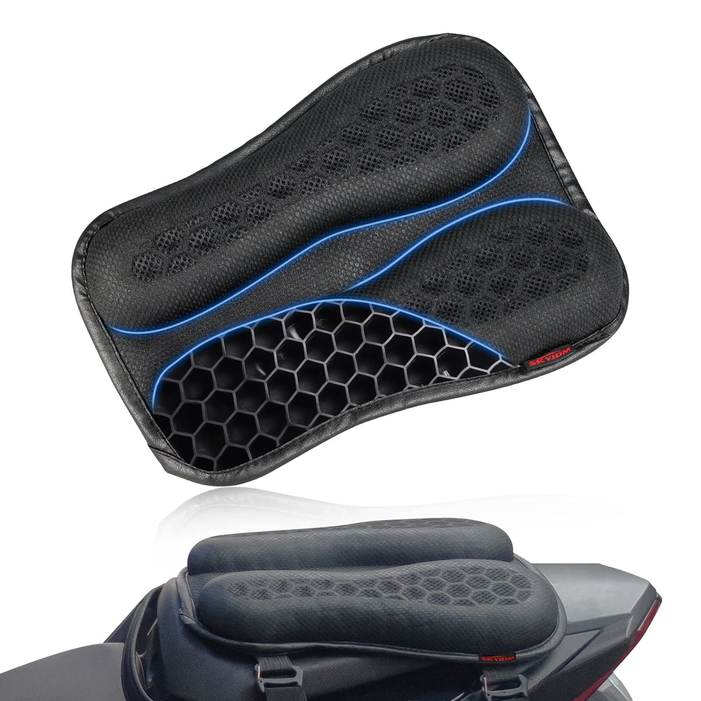 Foldable Motorcycle Gel Seat Cushion, Large 3D-Honeycomb Structure Shock Absorption & Breathable Motorcycle Gel Seat Pad for Long Rides (L)