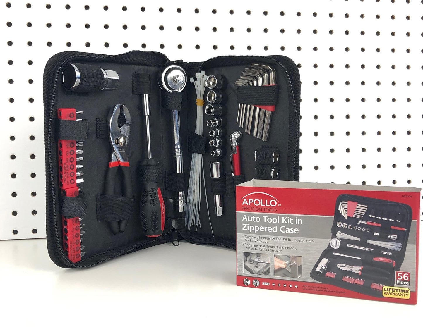 Apollo Tools 56 Piece Compact SAE Auto Tool Set in Zippered Case, Small Mechanic Tool Set for Car Emergency, Motorcycle Repair on the Road, Great for Travel Tool Needs - Red - DT9774