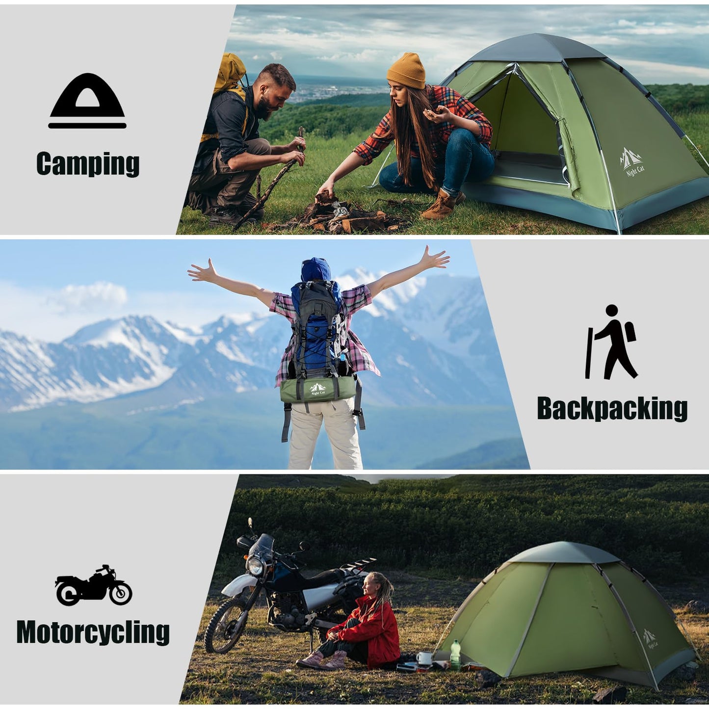 Night Cat Backpacking Tent for One 1 to 2 Persons Lightweight Waterproof Camping Hiking Tent for Adults Kids Scouts Easy Setup Single Layer 2.2x1.2m