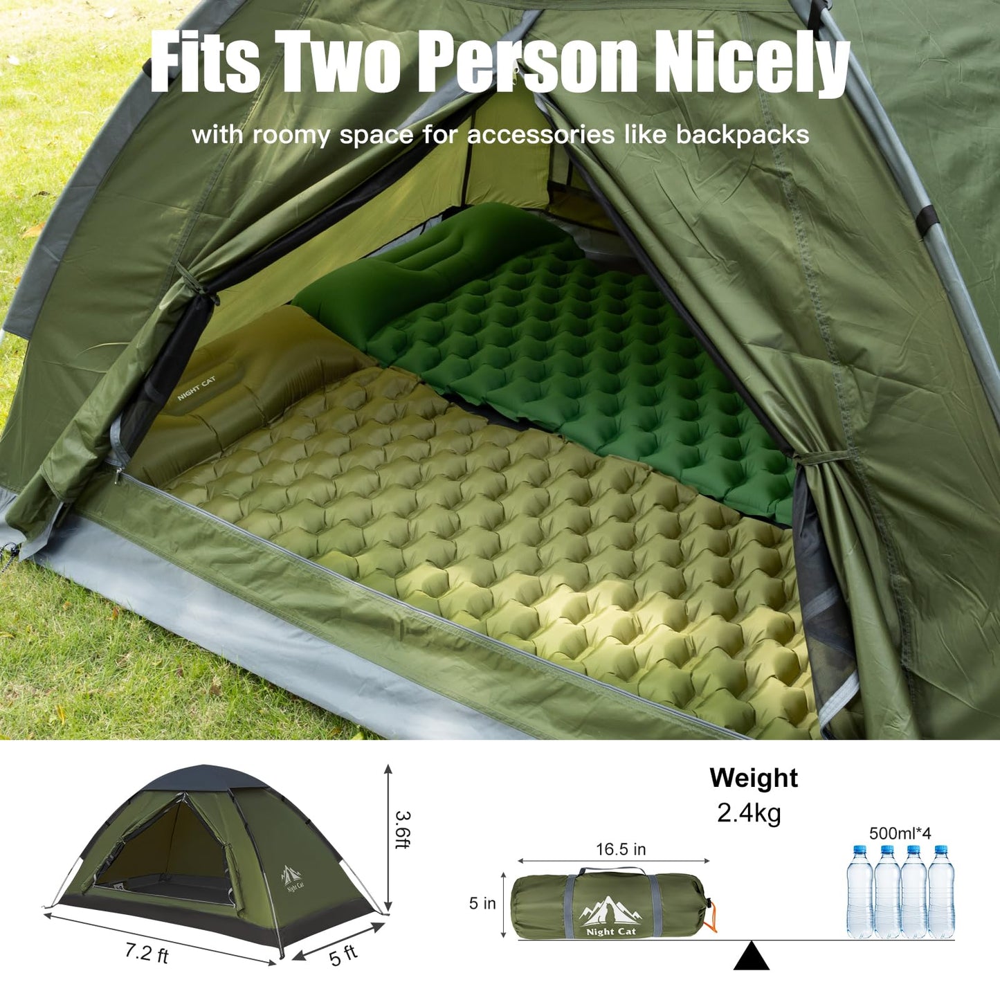 Night Cat Backpacking Tent for One 1 to 2 Persons Lightweight Waterproof Camping Hiking Tent for Adults Kids Scouts Easy Setup Single Layer 2.2x1.2m