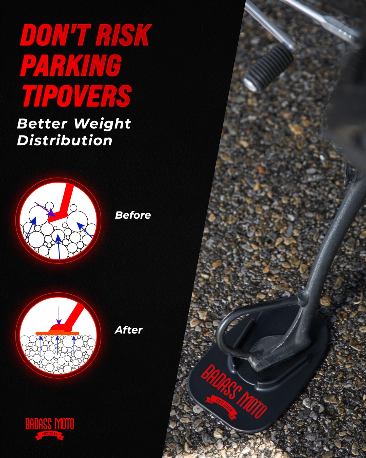 Badass Moto Motorcycle Kickstand Pad - Kick Stand Puck, Coaster Plate for Harley Davidson, Touring & Sport Bikes - Motorcycle Accessories for Grass, Dirt, Hot Pavement Parking Pad - USA Made, Black