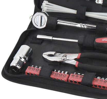 Apollo Tools 56 Piece Compact SAE Auto Tool Set in Zippered Case, Small Mechanic Tool Set for Car Emergency, Motorcycle Repair on the Road, Great for Travel Tool Needs - Red - DT9774