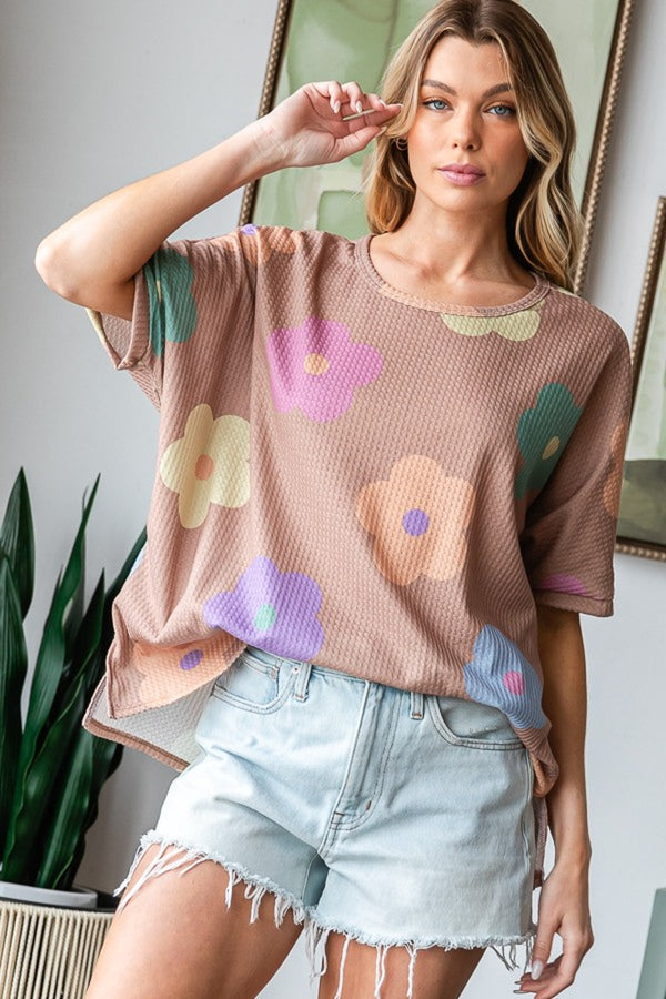 HOPELY Full Size Floral Round Neck Side Slit Waffle T-Shirt