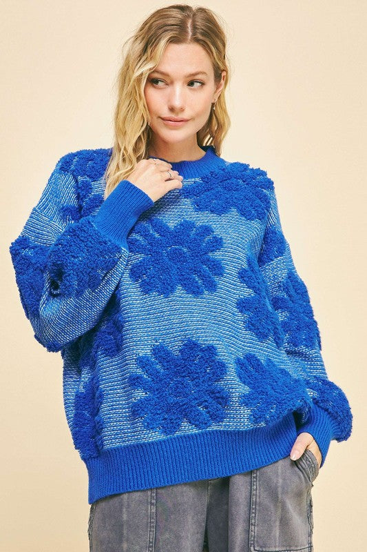 Davi & Dani Flower Texture Round Neck Dropped Shoulder Sweater